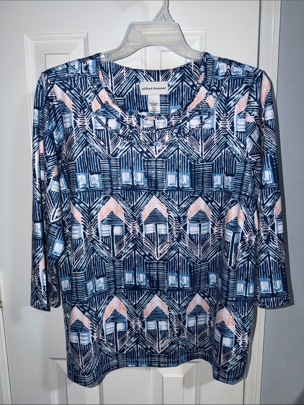 Alfred Dunner Navy and Light Pink Geometric Long Sleeve Top